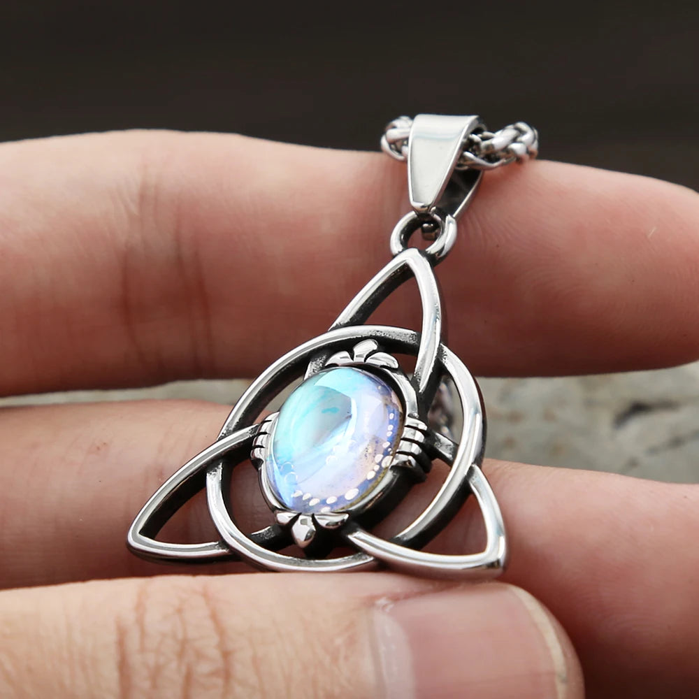 Nordic Vintage Stainless Steel Trinity Knots Pendant Necklaces For Men Women Fashion Opal Necklace Viking Amulet Jewelry Gifts