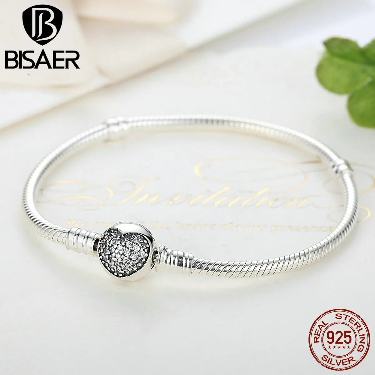 BISAER 925 Sterling Silver Heart Bangle & Bracelet Classic Snake Chain Love Zircon Charm For Women DIY Charm Bead Fine Jewelry