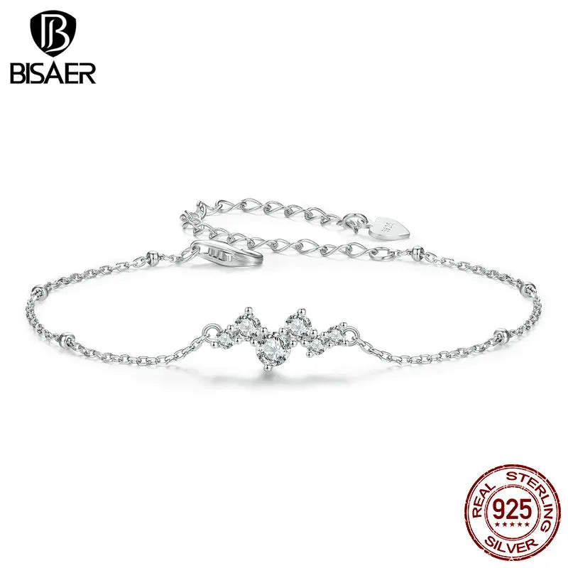 BISAER 925 Sterling Silver Starry Bracelet Sparkling Zircon Adjustable Chain Plated White Gold for Women Party Fine Jewelry Gift