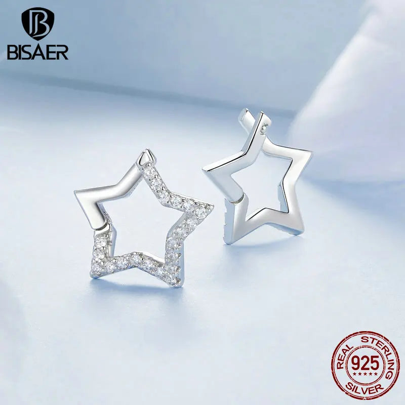 BISAER 925 Sterling Silver Dazzling Star Stud Earrings Pavé Setting Zircon Plated White Gold Fine Jewelry For Woman Party Gift