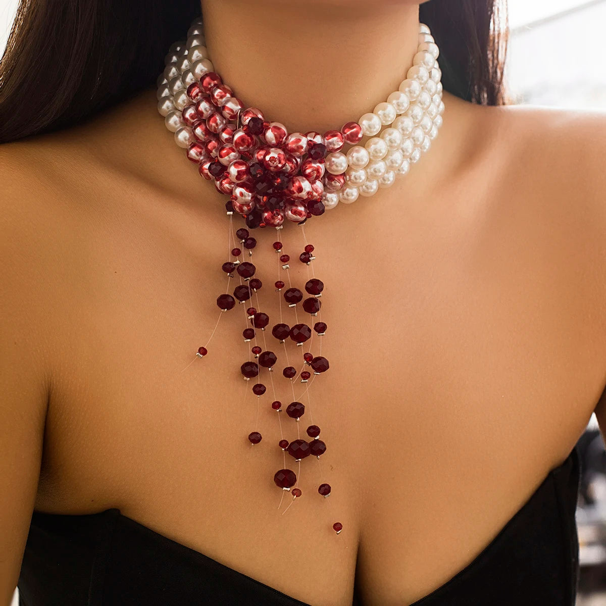 IngeSight.Z Multilayer Imitation Pearl Necklace For Women Gothic Drop Oil Red Crystal Tassel Choker Necklace Halloween Jewelry