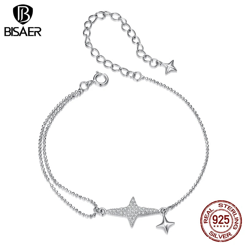 BISAER 925 Sterling Silver Starlight Bracelet Adjustable Charm Star Zircon Chain Plated White Gold for Women Party Fine Jewelry