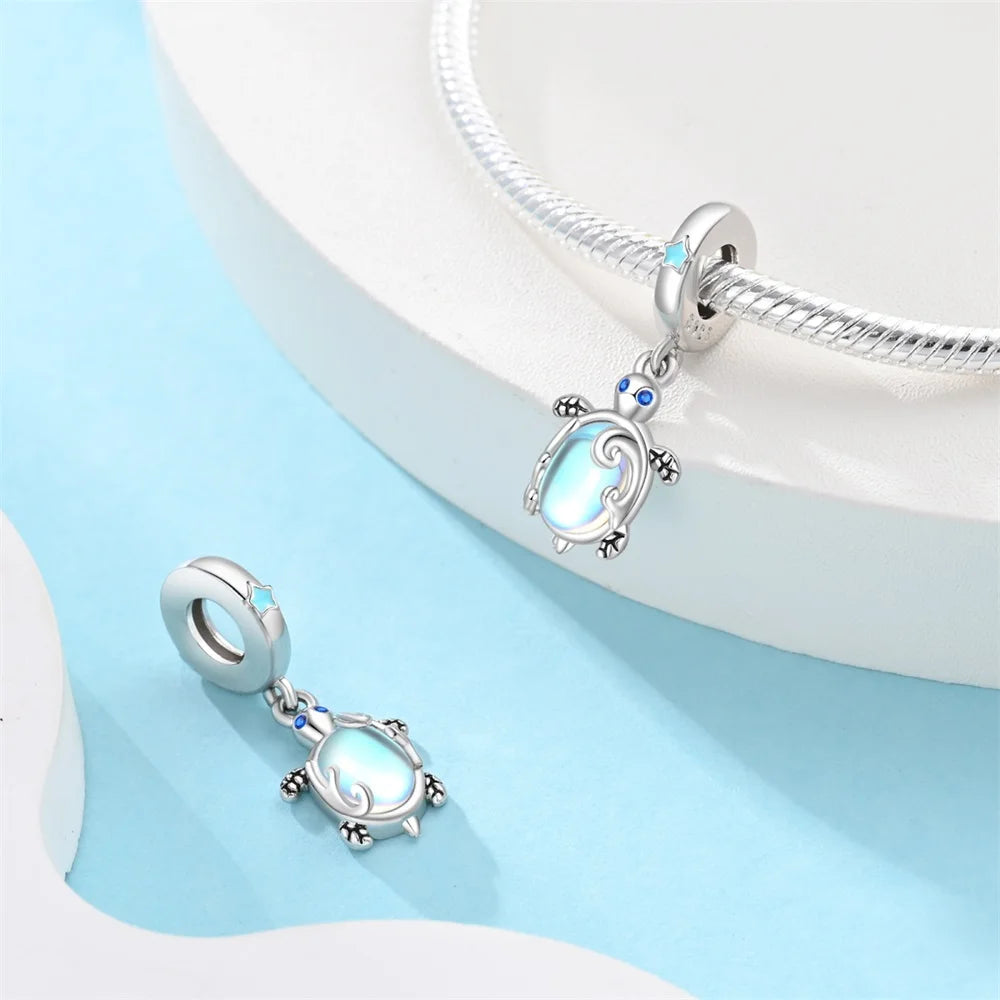 Cute 925 Sterling Silver Illusion Glass Blue Sea Turtle Charm Fit Bracelet Children's Birthday Creative Jewelry Gift