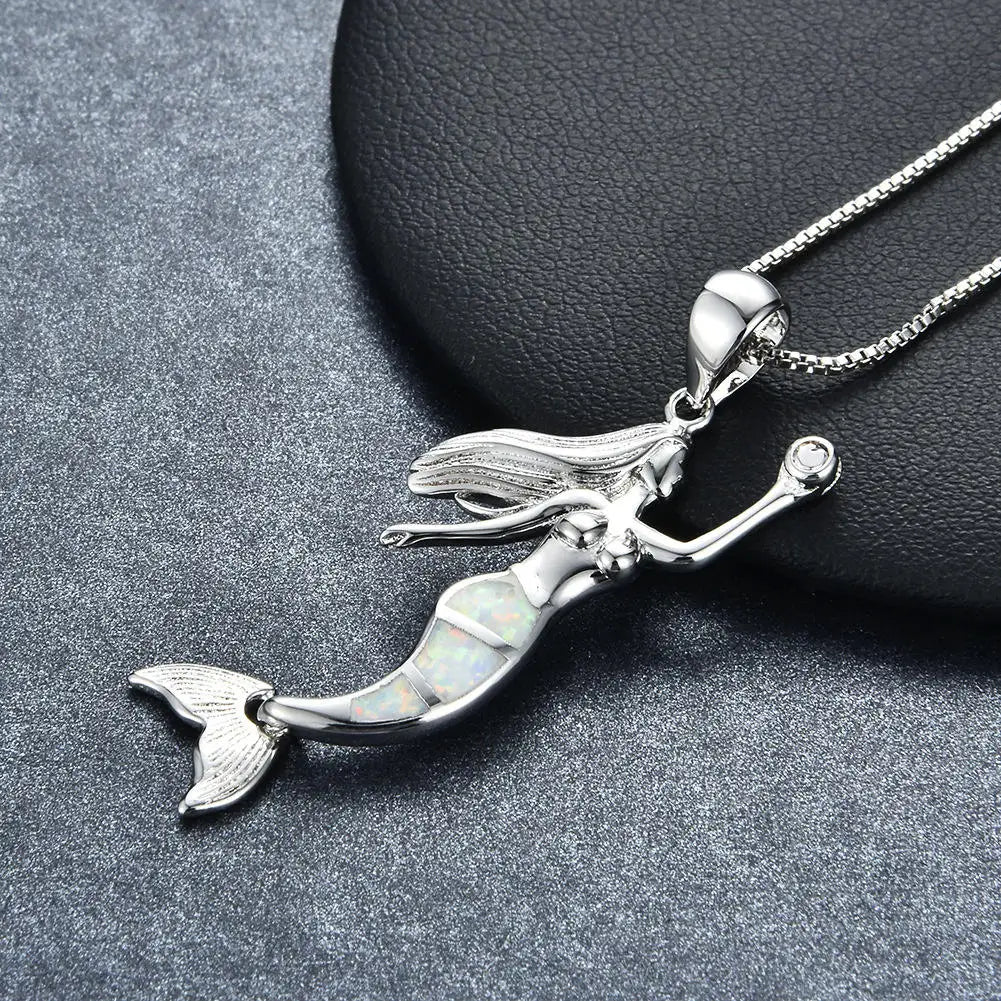 New Hawaiian Island Opal Mermaid Pendant Necklace For Teen Girls Fashion Jewelry Long Chain Necklace