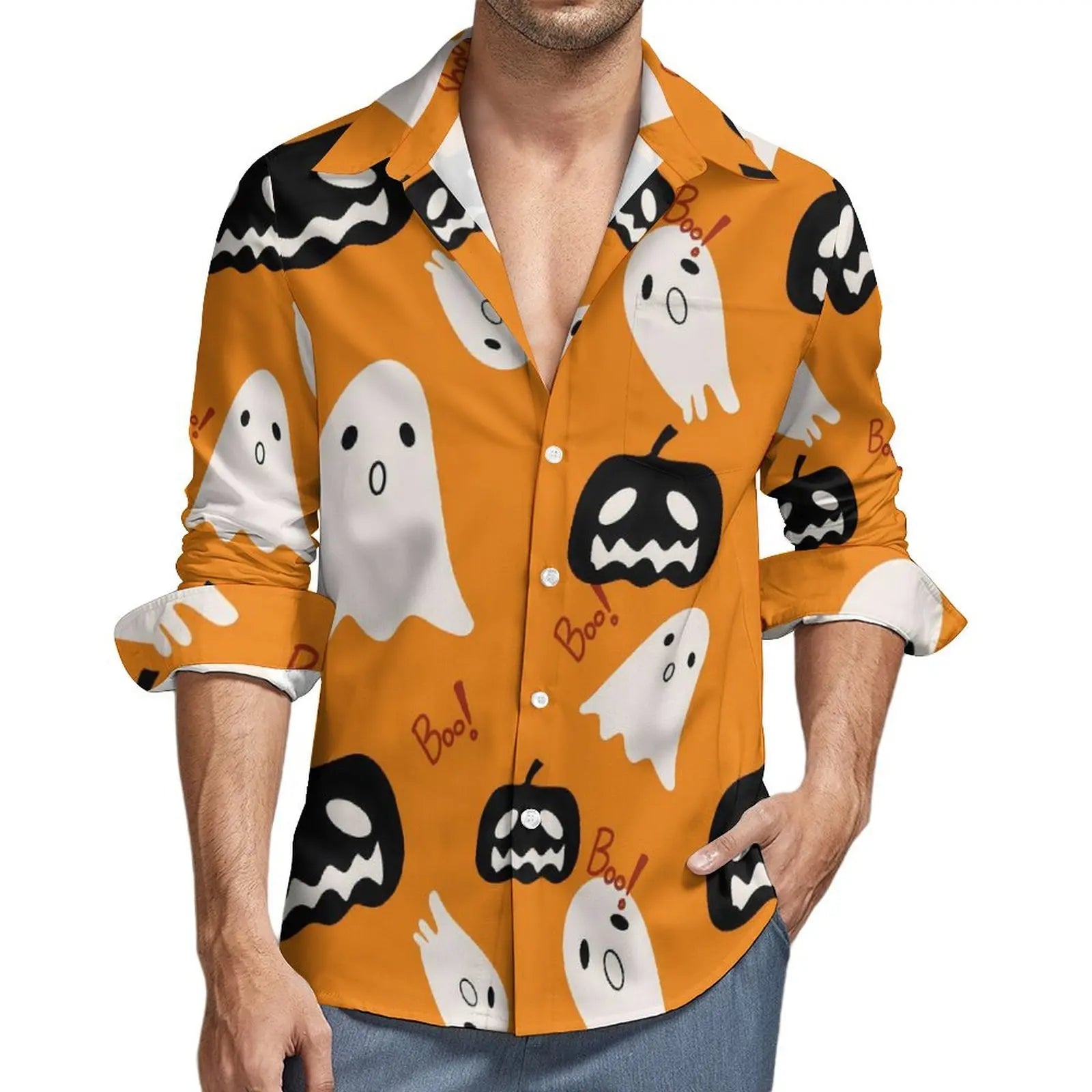 Happy Haunts Casual Shirts Halloween Katze Geist Retro Shirt Frühling Y2K Lustige Oversize Bluse Männer Langarm Grafik Kleidung Geschenk