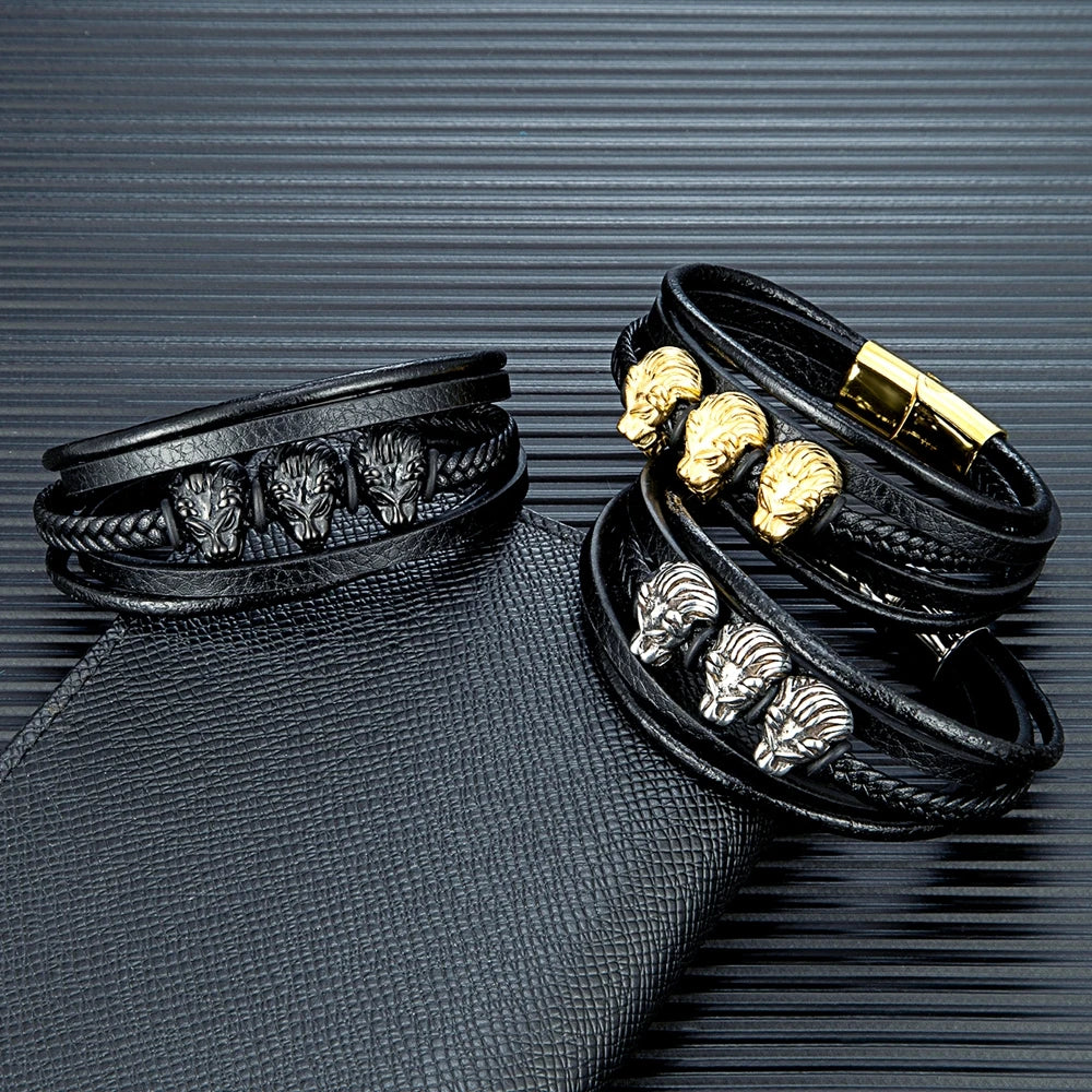 MKENDN Fashion Stainless Steel Charm Magnetic Black Genuine Leather Braided Bracelet 18k Plated Leo Lion Cuff Wristband Jewelry