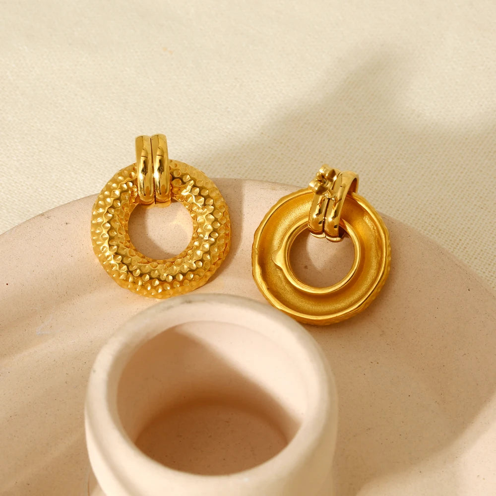 New 18K Gold Plated Stainless Steel Texture Round Studs Earring Waterproof Chunky Bold Earrings Jewelry Bijoux