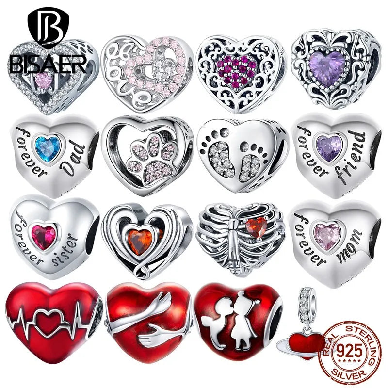 BISAER 925 Sterling Silver Heart Series Charm Bead Colorful Zircon Pendant Fit Family Mother's Day Birthday Bracelet DIY Jewelry