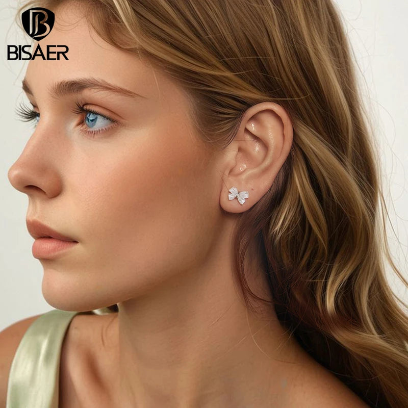 BISAER Real 925 Sterling Silver Bowknot Stud Earrings Minimalist Bow Stud Ear For Women Party Original Fine Jewelry Gift ECE1815