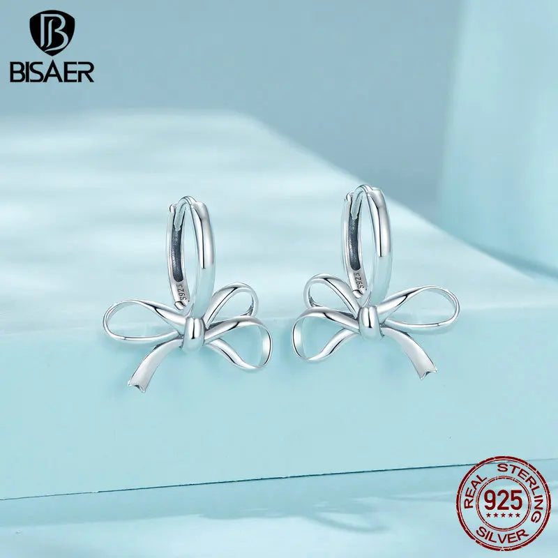 BISAER 925 Sterling Silver Bow-knot Stud Earrings Bow Ear Buckles Classic Hypoallergenic Plated White Gold For Women Jewelry