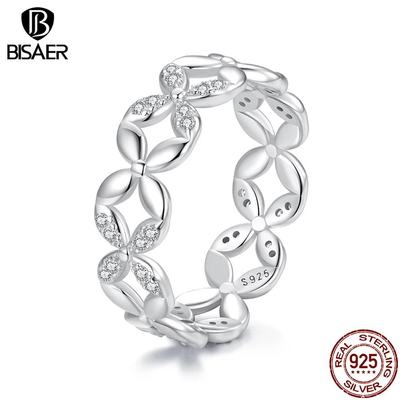 BISAER 100% 925 Sterling Silver Four-petal Flower Ring Pave Setting Zircon Band Plated White for Women Party Fine Jewelry EFR614