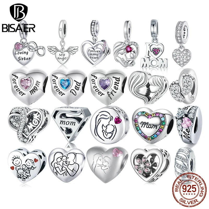 BISAER 925 Sterling Silver Family Heart Charms Beads Mom Dad Pendant for Women DIY Bracelets Necklace Mother's Day Jewelry Gift