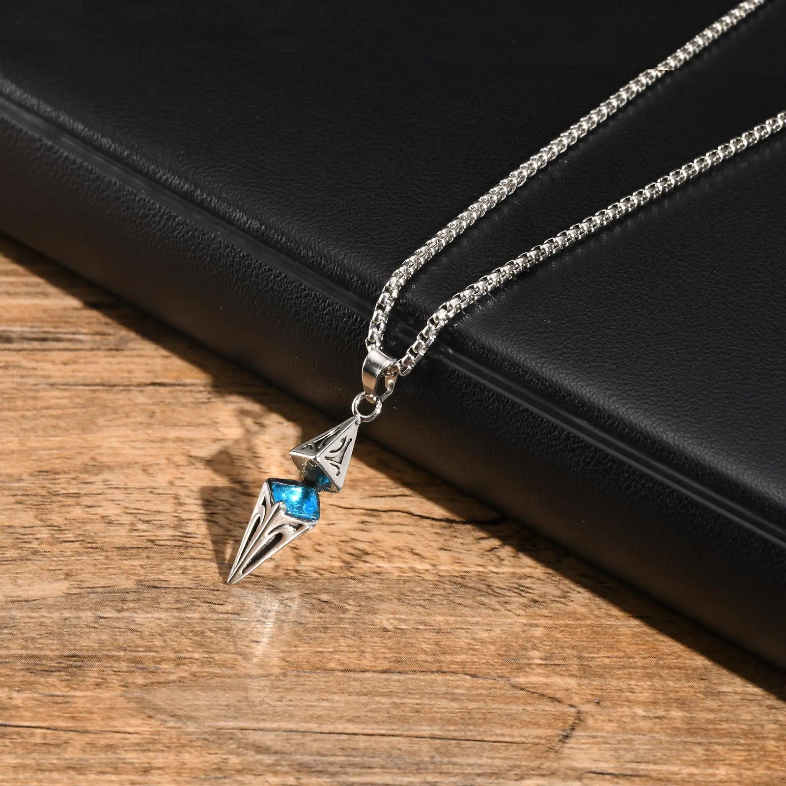 MP Stylish Blue Stone Necklaces for Men,Stainless Steel Geometric Pendant Collar,Valentine's Birthday Party Gift for Him