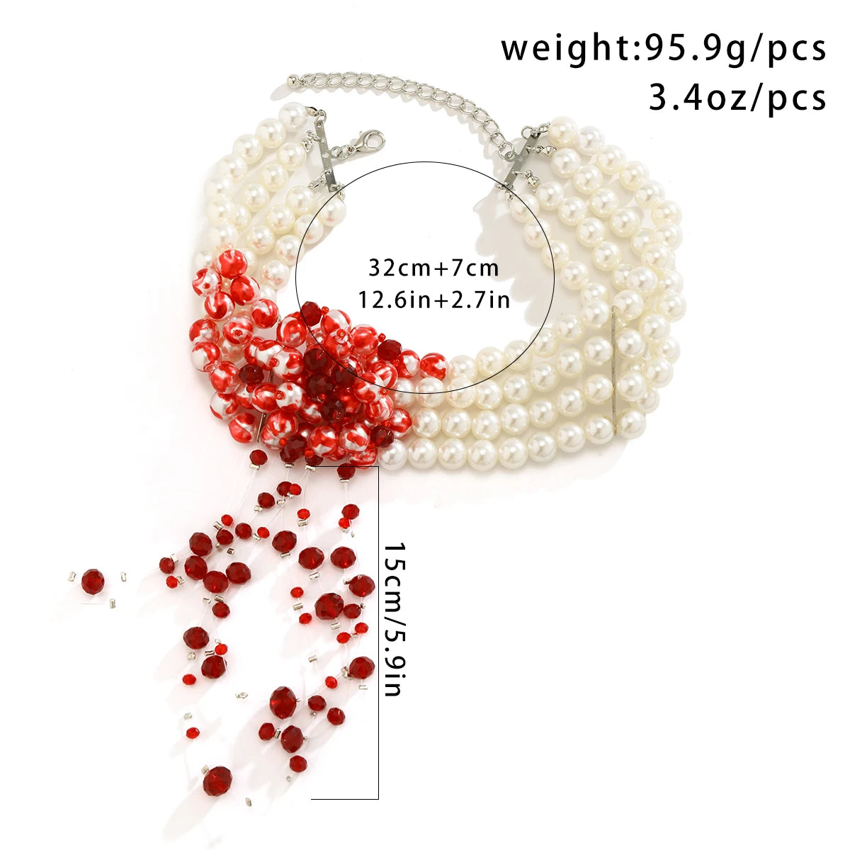 Goth Vintage Red Blood Pattern Imitation Pearl Chain Necklace for Women Wed Bridal Long Tassel Beads Pendant Halloween Jewelry