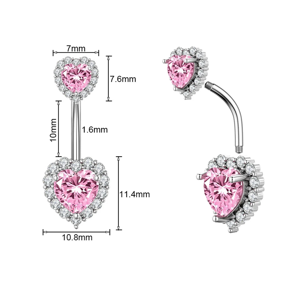 14G Heart Crystal Zircon Belly Button Rings Stainless Steel Long Dangled Flower Belly Piercing Ring Reversed Bar Navel Jewelry