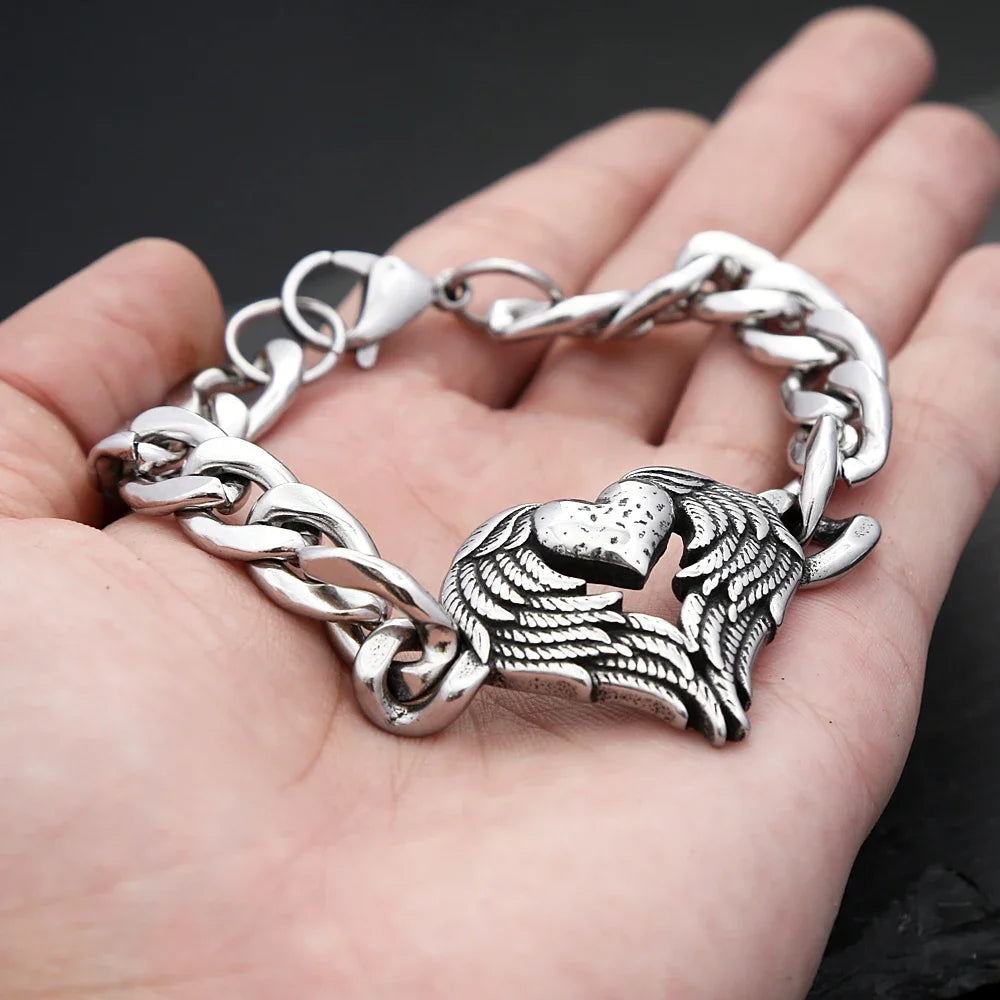 New Style Stainless Steel Angel Wings Love Bracelet Fashion Punk Feather Heart Bangles For Men Women Charm Biker Jewelry Gifts