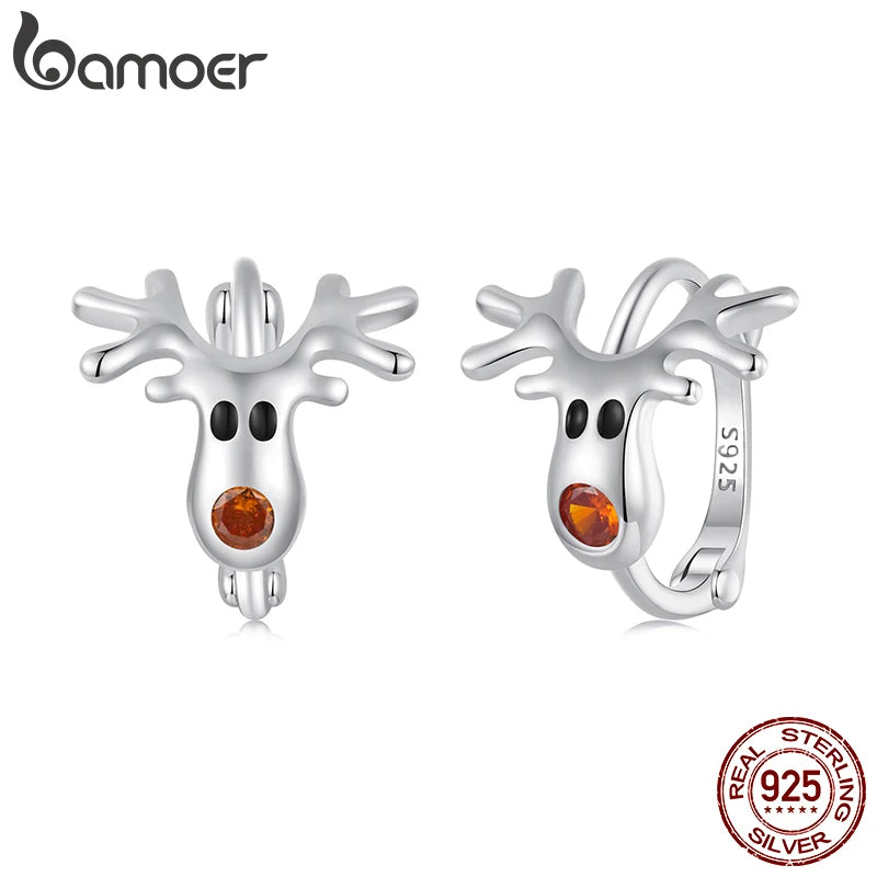 Boucles d'oreilles créoles en argent sterling 925 BAMOER en forme de renne, boucles d'oreilles créoles de Noël légères plaquées or blanc pour femmes SCE1812