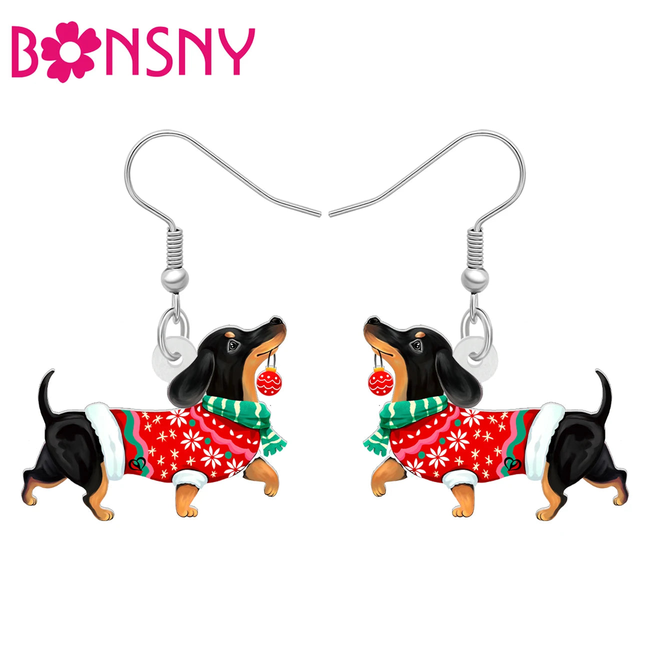 BONSNY Acrylic Funny Christmas Puppy Earrings Dachshund Dog Drop Dangle Jewelry For Women Kid Pets Gifts Decor