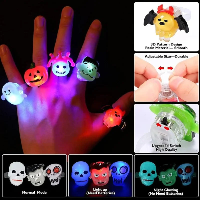 10-30Pcs LED Luminous Halloween Rings Creative Pumpkin Ghost Skull Glowing in Dark Finger Rings Toys Lights Jewelry Party Gifts