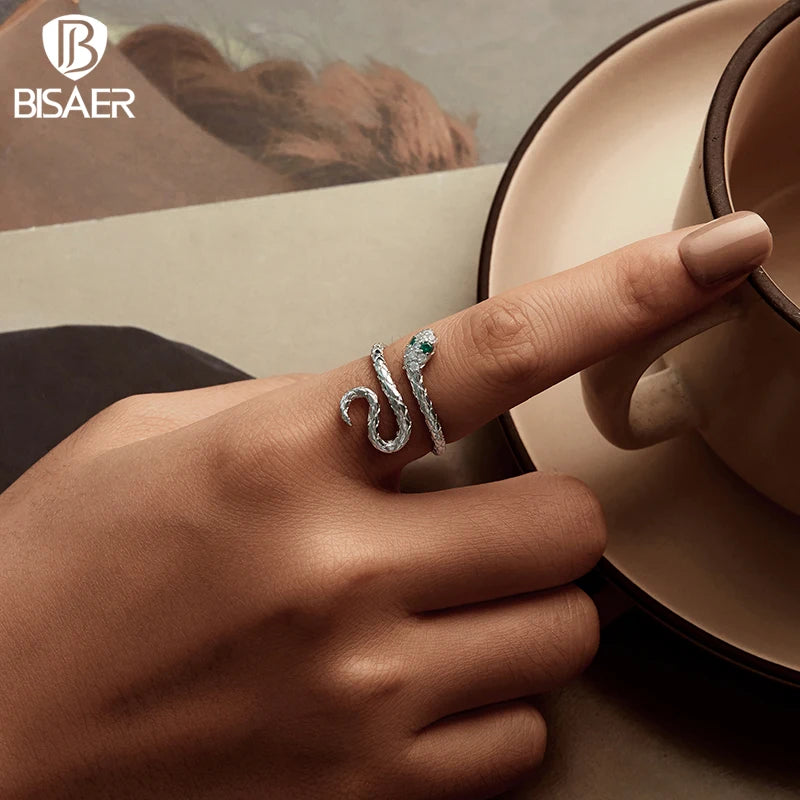 BISAER Coiled Snake Open Ring Adjustable Size 5-9 For Elegant Women Wedding Engagement Fashion Jewelry Gift YIR246