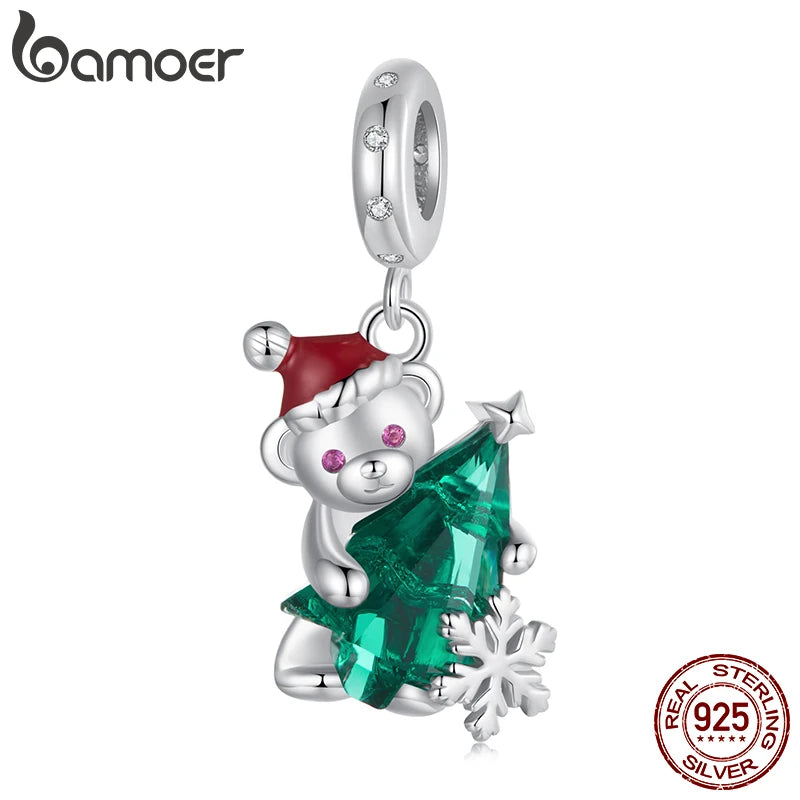 BAMOER Breloque en forme d'ours de Noël en argent sterling 925 massif pour bracelet original, breloque Bamoer pour la fabrication de bijoux, cadeau de Noël