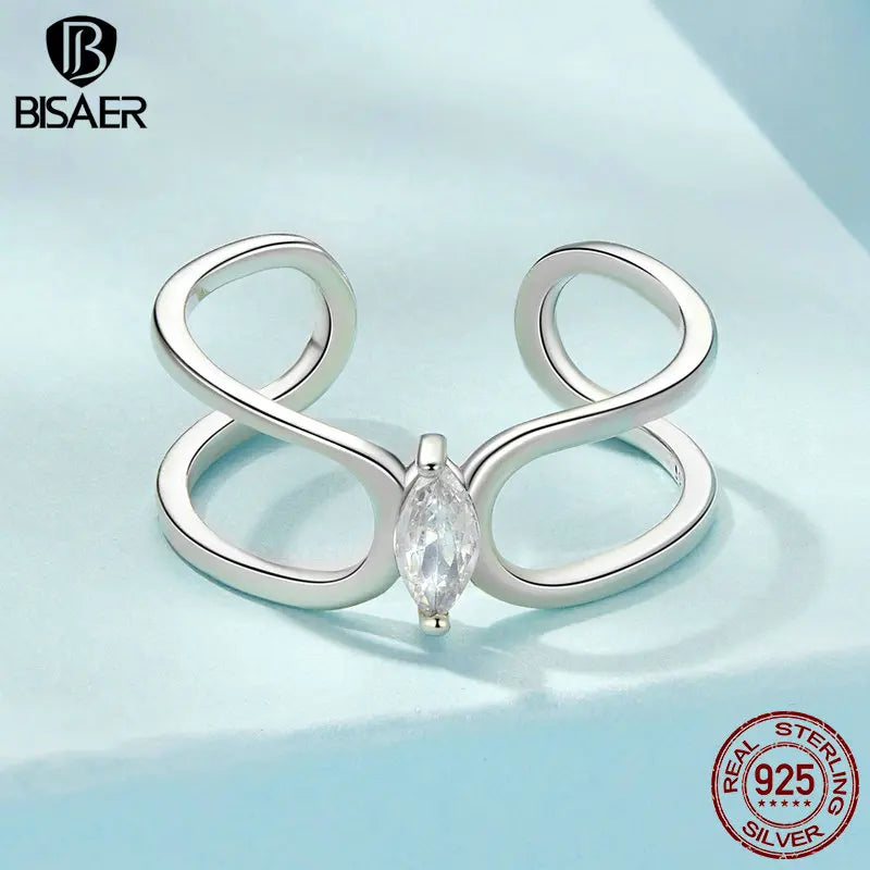 BISAER 925 Sterling Silver Double-layer Zircon Open Ring Crossed Promise Band Plated White Gold for Couple Party Fine Jewelry