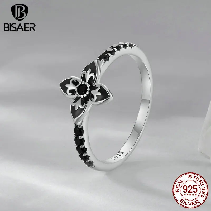 BISAER 925 Sterling Silver Nightfall Flower Ring Statement Black Zircon Band for Woman Party Original Fine Jewelry Gift ECR1075