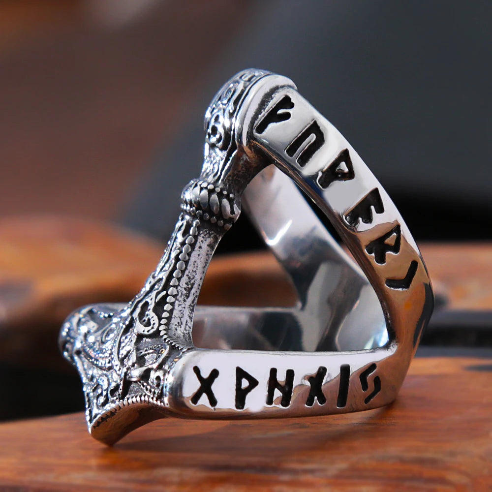 Vintage Viking Thor's Hammer Ring Mens Nordic Odin Rune Ring Stainless Steel Jewelry Biker Amulet Gift Wholesale