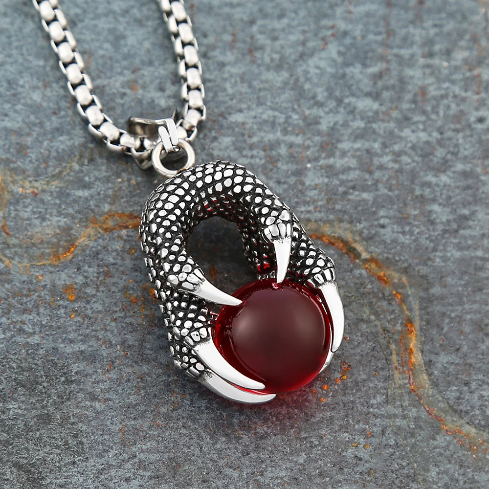 Punk Gothic Dragon Claw Anhänger Halsketten Für Männer Frauen Edelstahl Mode Rot Schwarz Kristall Ball Halskette Biker Schmuck