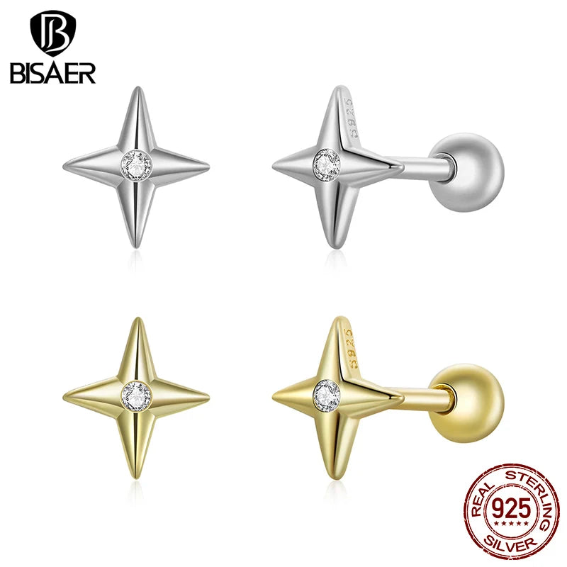 BISAER 925 Sterling Silver Mini Star Stud Earrings Zircon Hypoallergenic Earrings 18K Plated Gold for Women Party Fine Jewelry