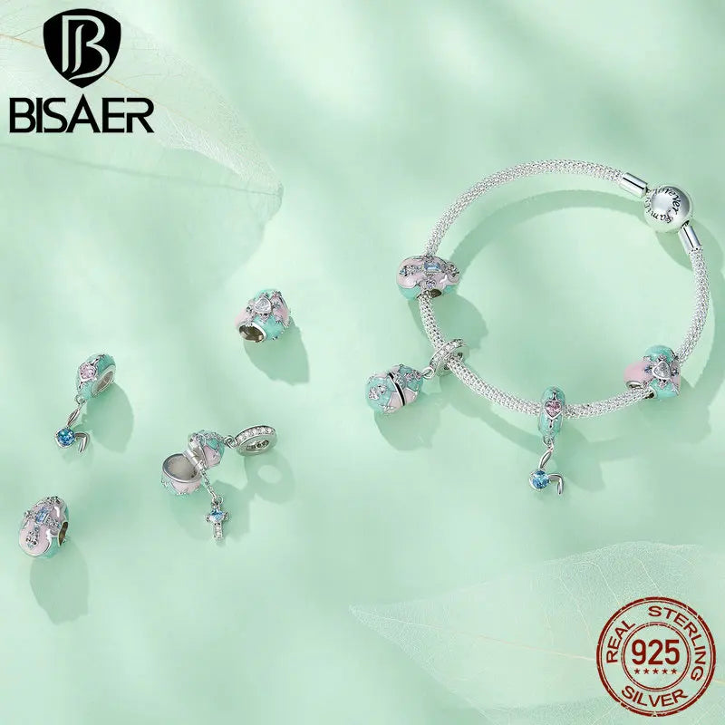 BISAER 100% 925 Sterling Silver Easter Charm Bead Cute Rabbit Lucky Egg Pendant Fit Women DIY Bracelet Fine Jewelry Gift EFC997