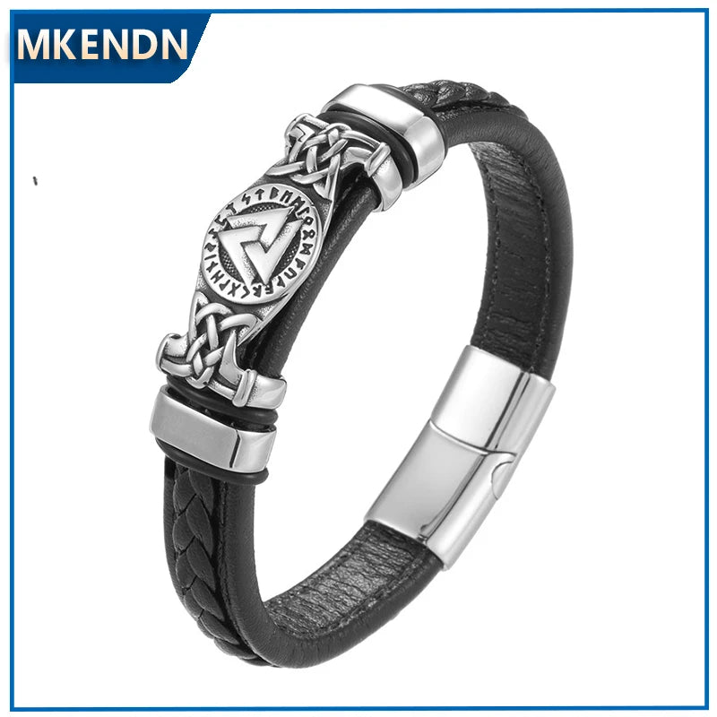 MKENDN Leather Braided Viking Bracelets for Men Boys Vintage Triangle Vegvisir Amulet Scandinavian Wrap Cuff Wirstband Bracelets