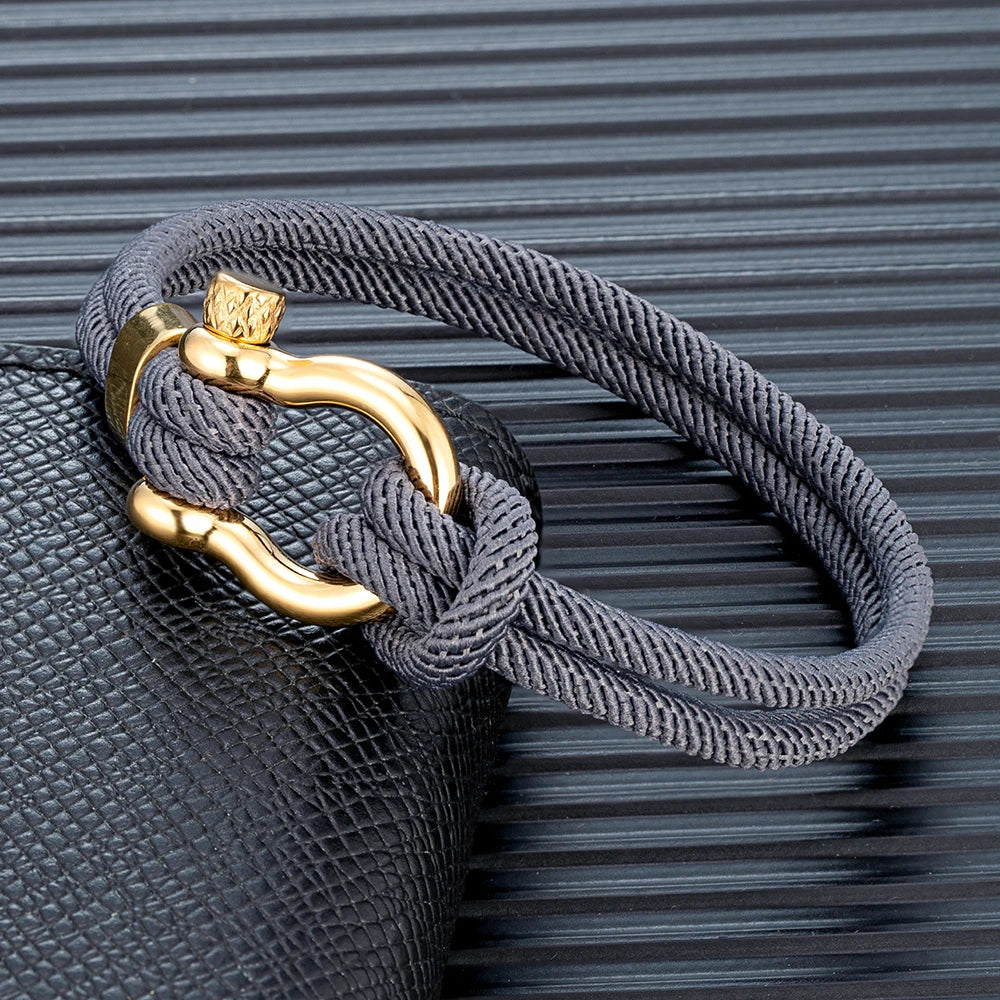 MKENDN Navy Style Braided Rope Bracelet Never Fade Stainless Steel Gold Color Horseshoe Clasp Bracelet for Men Women Couple Gift