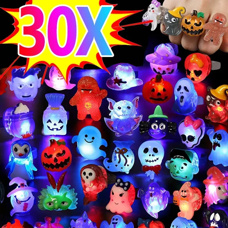 10-30 anillos luminosos LED para Halloween, creativos anillos para dedos que brillan en la oscuridad con forma de calabaza fantasma y calavera, juguetes, luces, joyas, regalos para fiestas