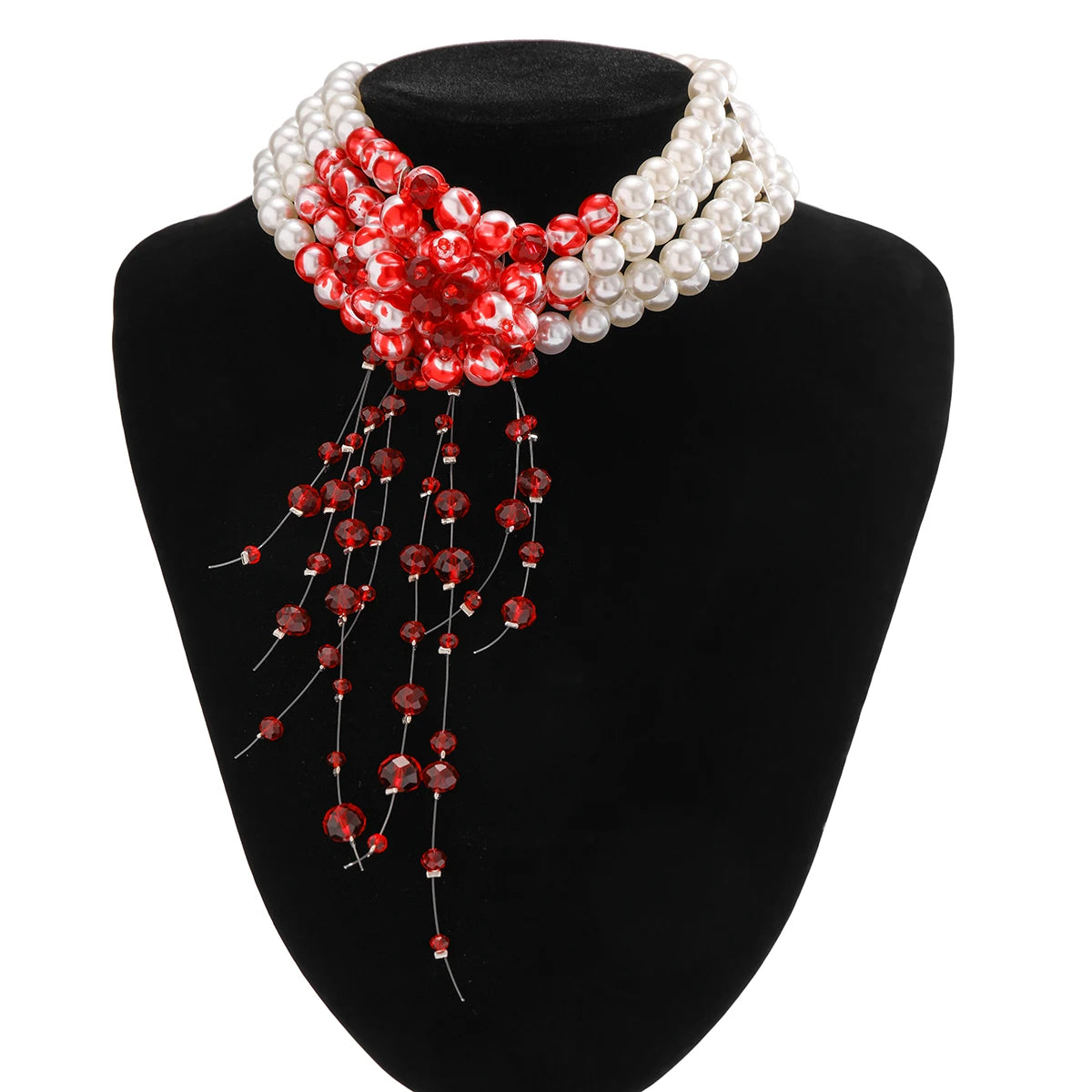 IngeSight.Z Multilayer Imitation Pearl Necklace For Women Gothic Drop Oil Red Crystal Tassel Choker Necklace Halloween Jewelry