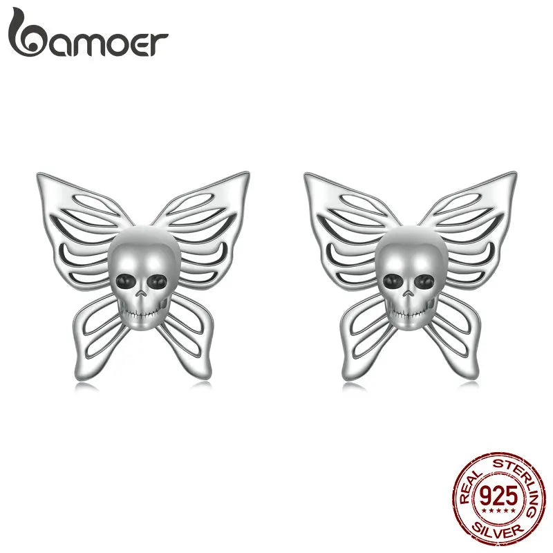 BAMOER Solid 925 Sterling Silver Halloween Skull Butterfly Earrings for Women Hypoallergenic Stud Earrings Birthday Jewelry Gift