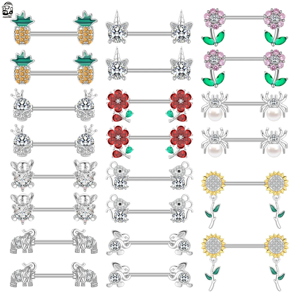 1 Pair New Stainless Steel Unicorn Nipple Rings Spider Mouse Sunflower Skull Shape Women Crystal Nipple Piercing Barbell Jewelry