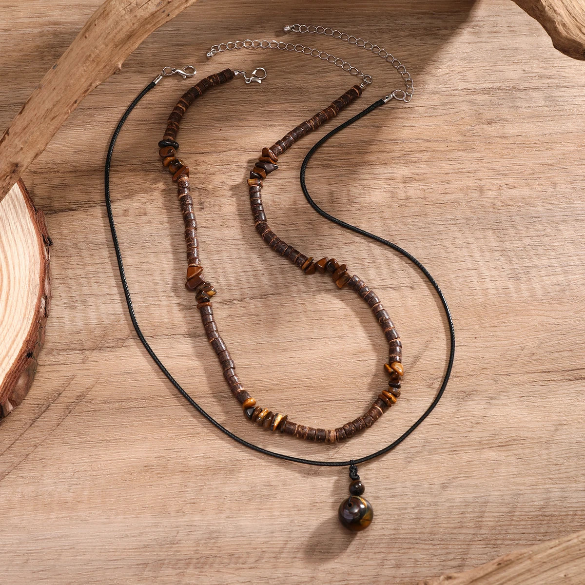 Stone and Wood Bead Pendant Necklace for Men