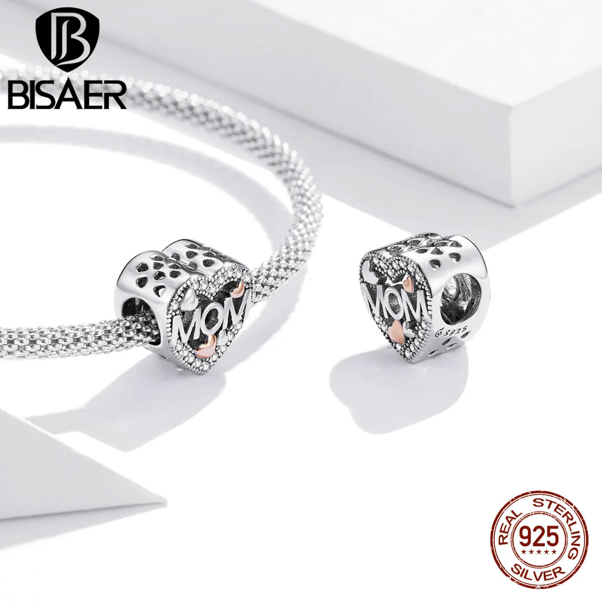 BISAER 925 Sterling Silver Heart Mom Charm Bead Love Pendant Plated Platinum Fit Mother's Day Birthday DIY Bracelet Fine Jewelry