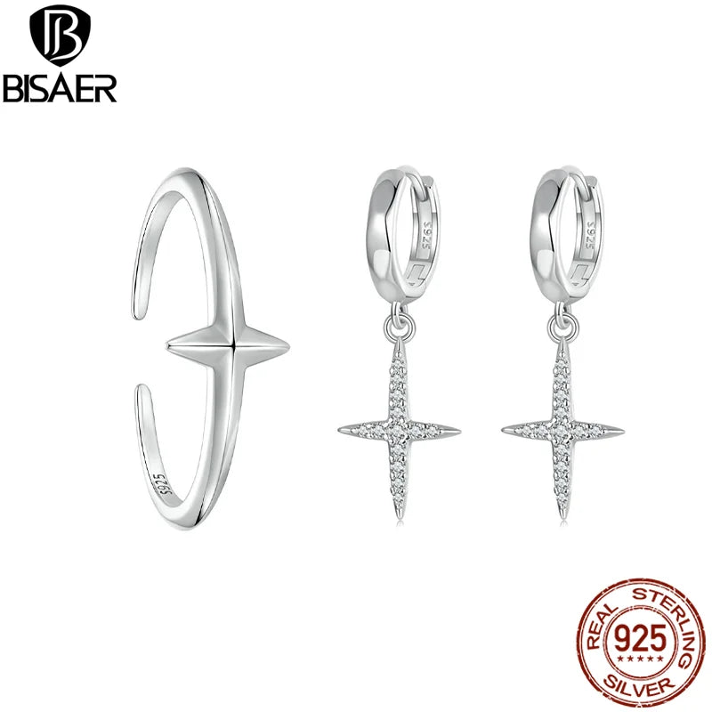 BISAER 925 Sterling Silver Minimalist Cross Open Ring Cross Hoop Earrings Plated White Gold for Elegant Women Party Fine Jewelry