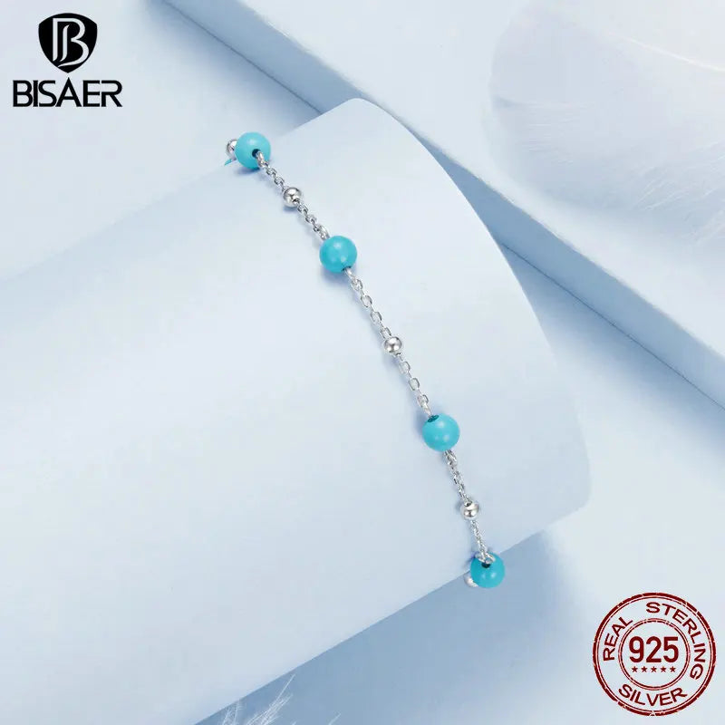 BISAER 925 Sterling Silver Turquoise Bracelet Adjustable Round Beads Chain Plated White Gold for Women Party Fine Jewelry Gift