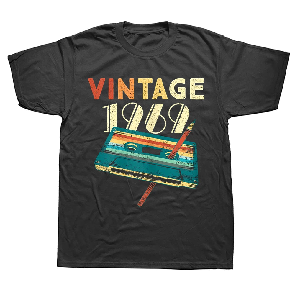 Camiseta de cuello redondo para hombre, camiseta de moda negra, nueva camiseta para hombre vintage de 1969 con casete de música, regalo de 55 cumpleaños, camiseta de 55 años, talla europea