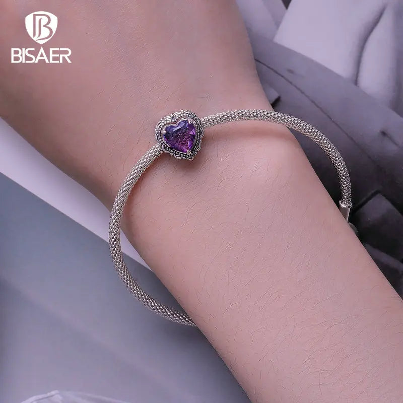 BISAER 925 Sterling Silver Vintage Purple Heart Gradient Charm Bead Fit Original Female Bracelet & Necklace DIY Fine Jewelry