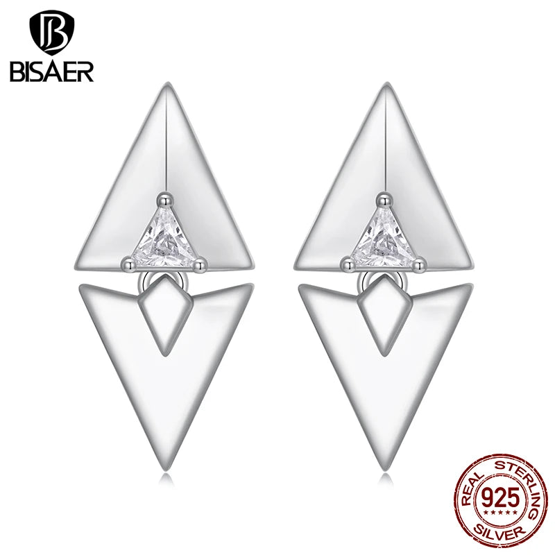 BISAER 925 Sterling Silver Triangle Geometric Stud Earrings Metalness Earrings Plated White Gold For Women Fine Original Jewelry