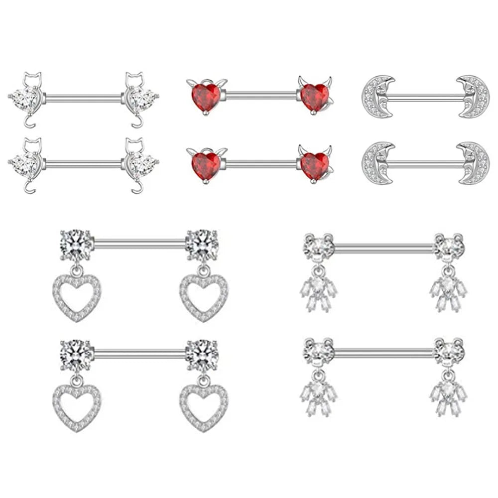 Mixed-style Nipple Ring Sets 3 Pairs Flower Heart Butterfly Nipple Piercing Lot Stainless Steel Cute Cat Bear Shield Bar Jewelry