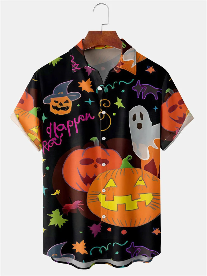 Men's Fashion Halloween Shirt Summer Cute Style Men's Clothing Party Holiday Men Top Pumpkin Head Print Boys' Short Sleeve Shirt