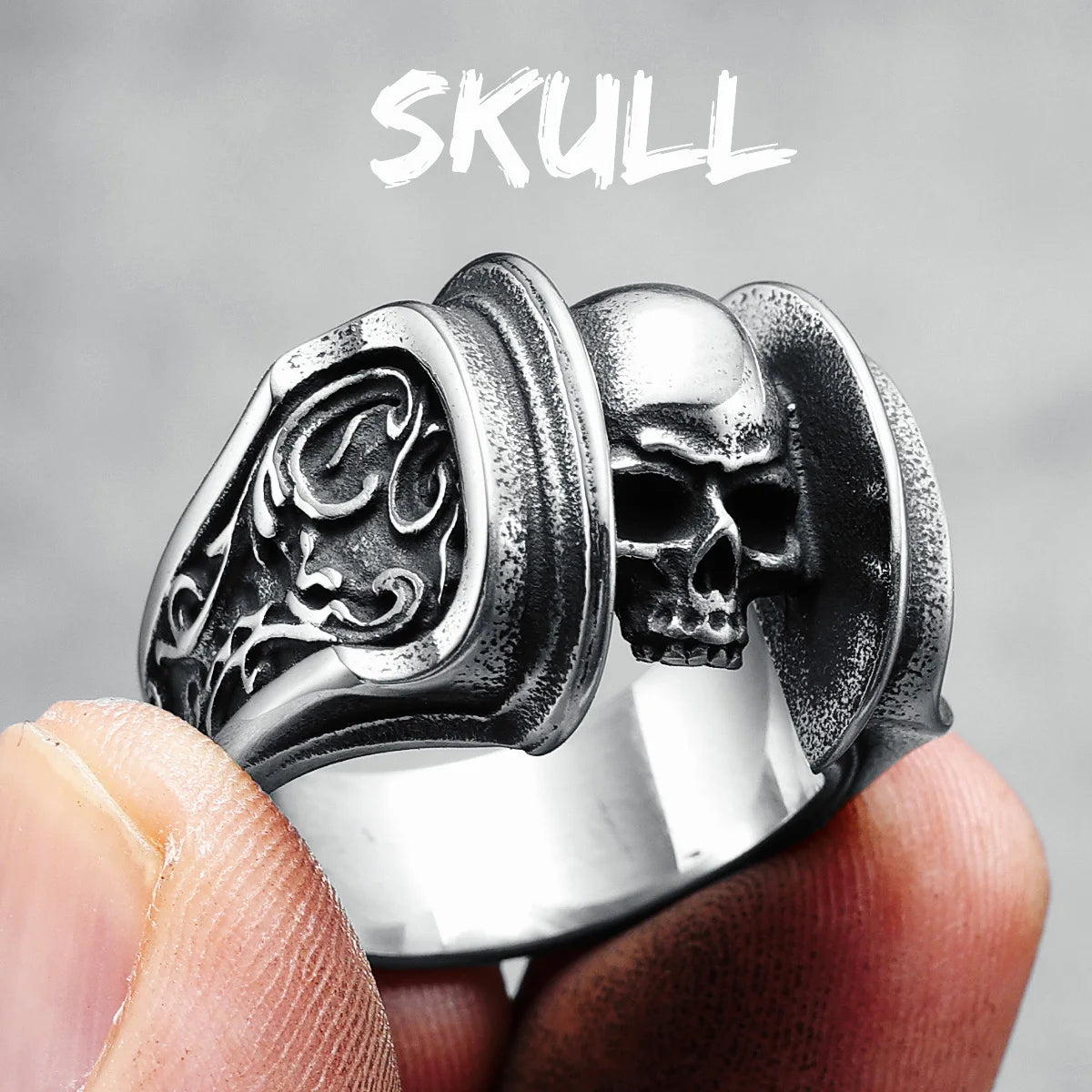 Skull Men Rings 316L Stainless Steel Rune Skeleton Rock Punk Rap HipHop Party for Biker Rider Male Boyfriend Jewelry Best Gift