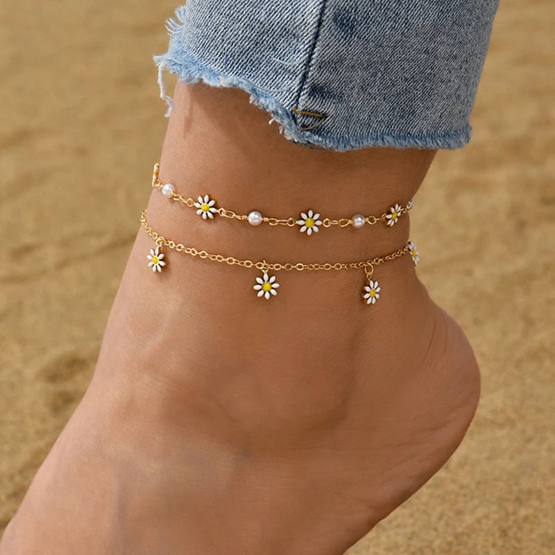 Elegante tobillera con flor de margarita y cadena de perlas hecha a mano Tobilleras para mujer Sandalias de playa de verano Accesorios Pulsera en la pierna