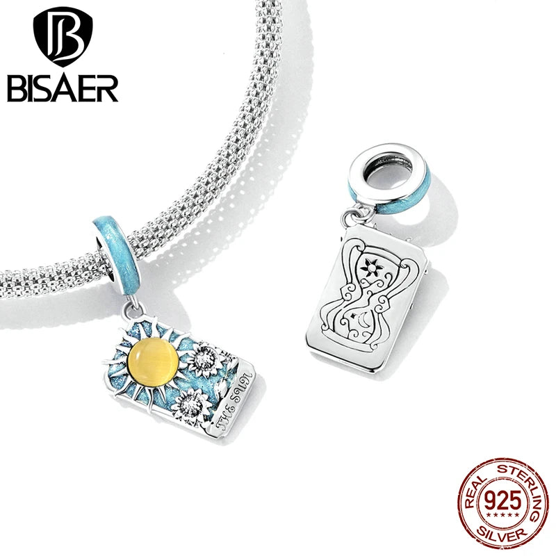 BISAER 925 Sterling Silver Star Tarot Card Charm Bead Moon Tarot Card Pendant Pendant for Women DIY Bracelets Fine Jewelry Gift