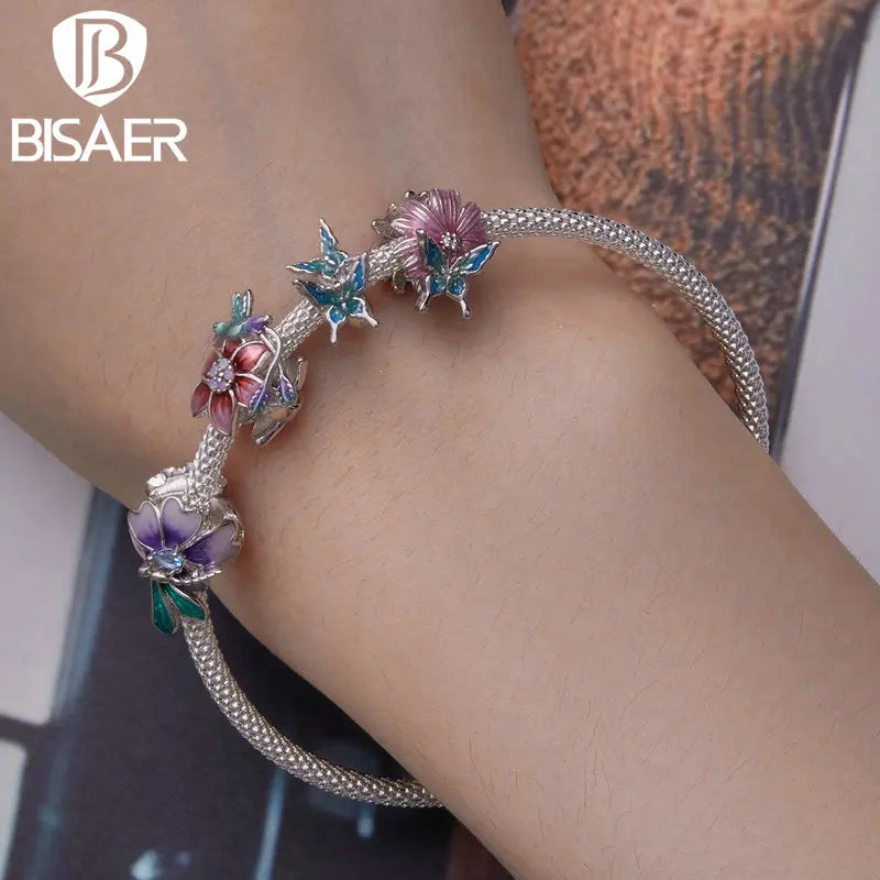 BISAER 925 Sterling Silver Butterfly&Flower Charm Bead Purple Animal Pendant Plated Platinum Fit Elegant Girl Bracelet Jewelry